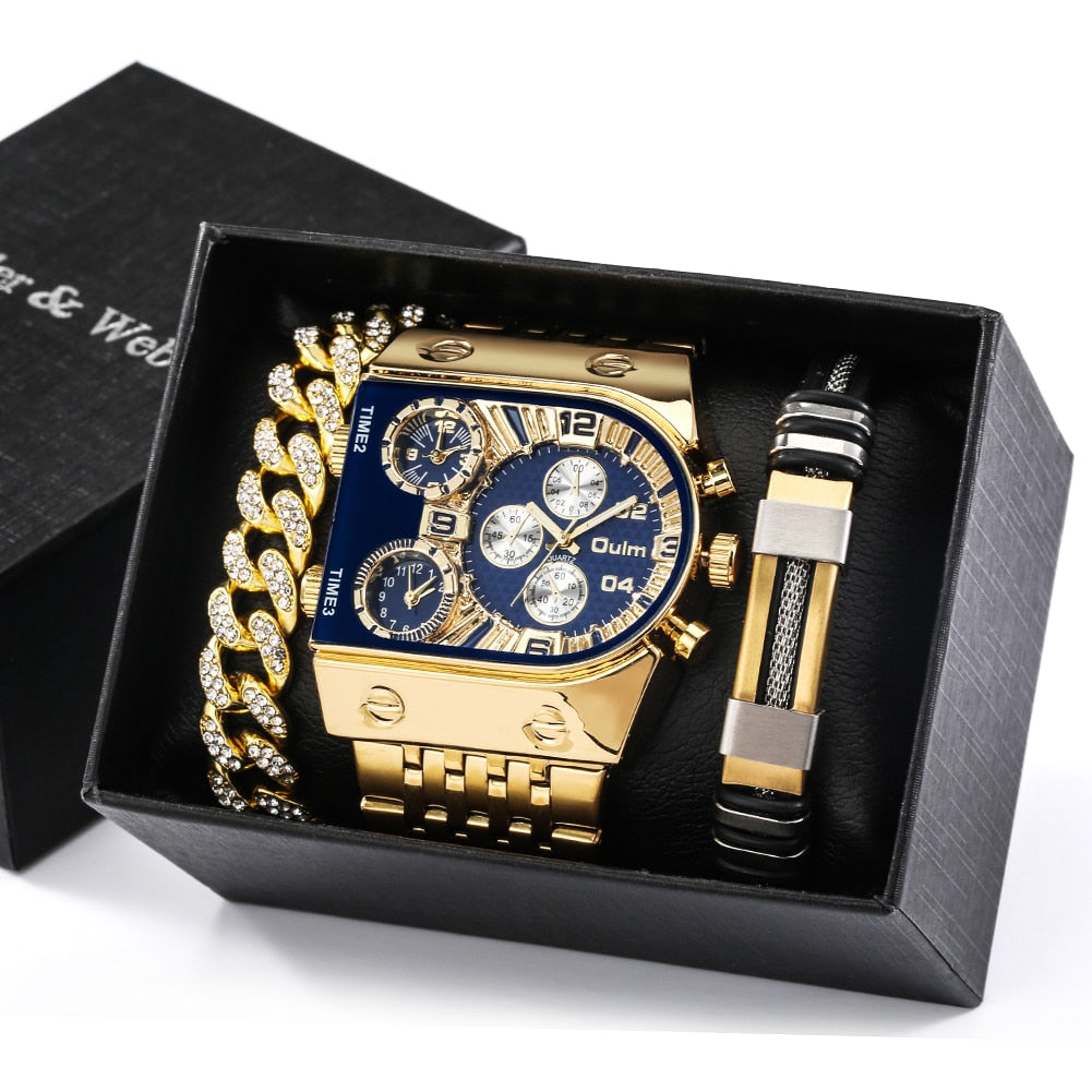 Relógio de ouro de luxo masculino calendário de aço completo relógio de pulso de quartzo com mostrador grande pulseiras conjunto de presente de Natal relógio masculino de luxo