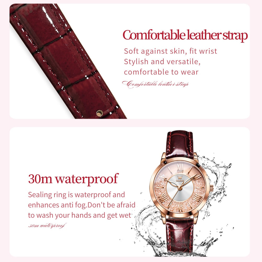 OLEVS Original New Women Quartz Watch Top Brand Leather Strap Elegant Fashion Quicksand Watch Female Girls Dress Wristwatch