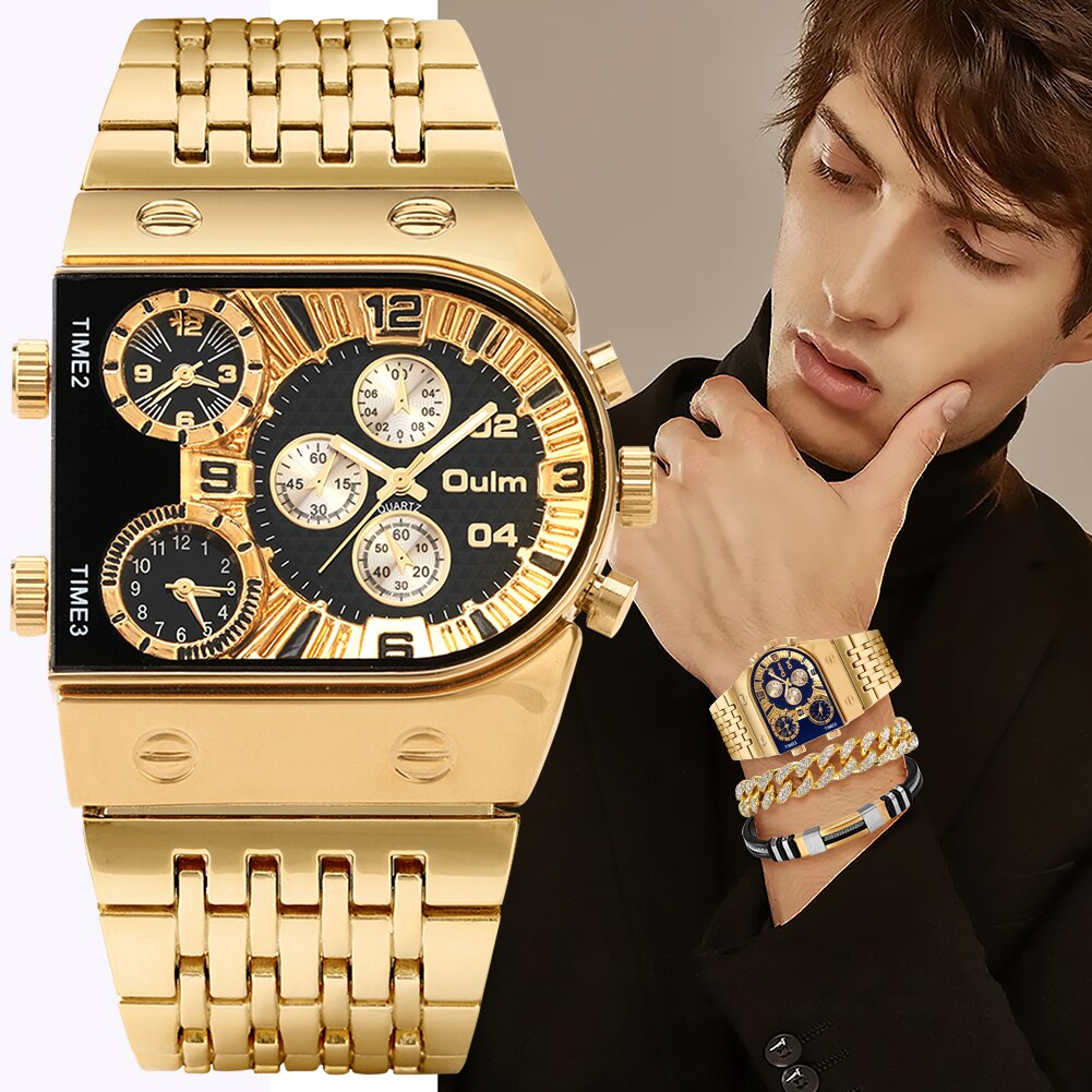 Relógio de ouro de luxo masculino calendário de aço completo relógio de pulso de quartzo com mostrador grande pulseiras conjunto de presente de Natal relógio masculino de luxo