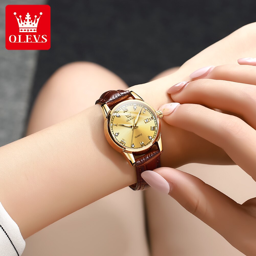 Olevs relógio de quartzo feminino pulseira de couro diamante à prova dwaterproof água luminosa data relógio de quartzo para mulheres esportes senhoras relógio 6896