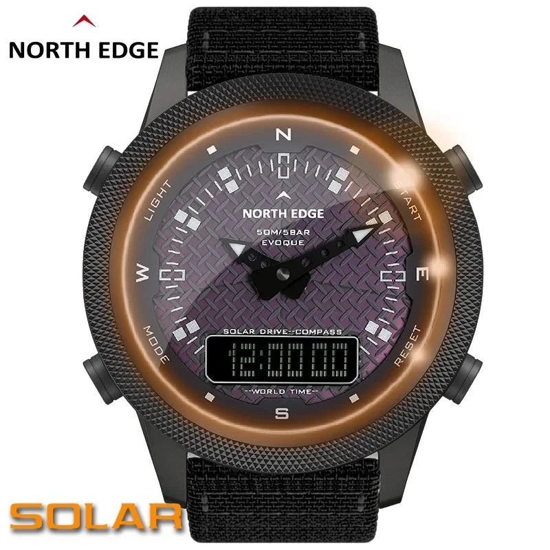 Relógio Digital Solar Masculino NORTH EDGE, Relógios Inteligentes para Atividades ao Ar Livre, Totalmente Metálico, À Prova d'Água 50M, Bússola, Estilo Militar.