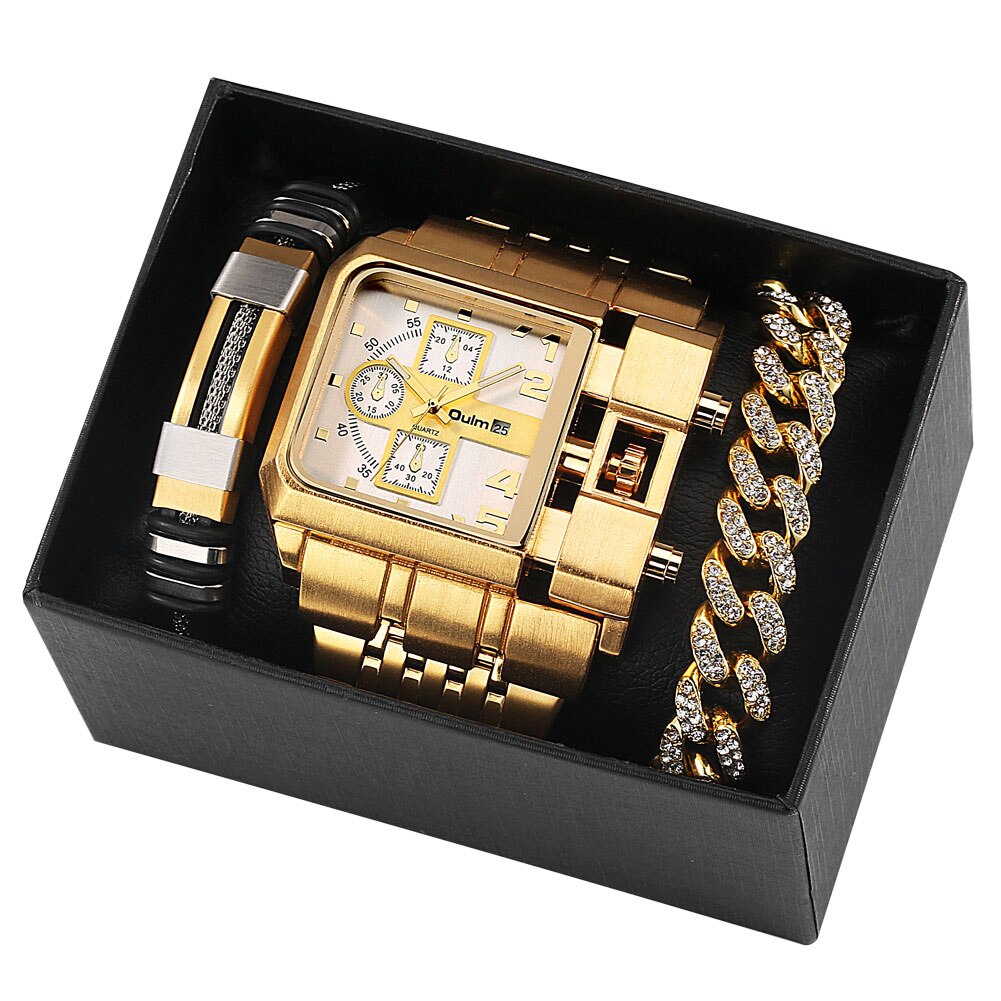 Relógio de ouro de luxo masculino calendário de aço completo relógio de pulso de quartzo com mostrador grande pulseiras conjunto de presente de Natal relógio masculino de luxo