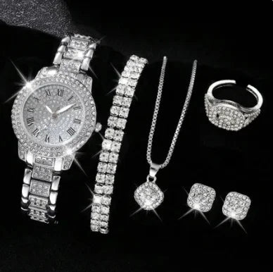 Conjunto de 6 Peças de Relógio de Luxo para Mulheres com Strass, Relógio de Quartzo de Moda Hiphop, Relógio Analógico e Conjunto de Joias, Presente para Mãe.