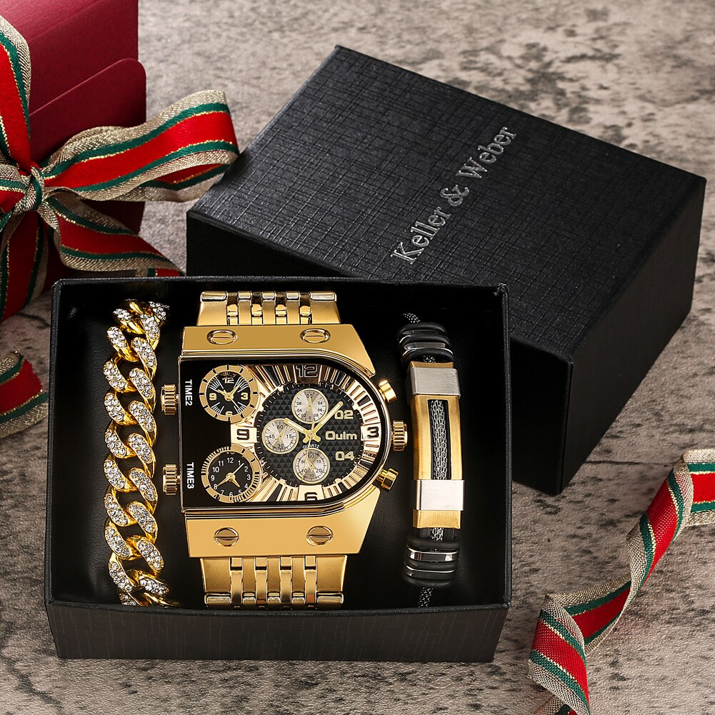 Relógio de ouro de luxo masculino calendário de aço completo relógio de pulso de quartzo com mostrador grande pulseiras conjunto de presente de Natal relógio masculino de luxo