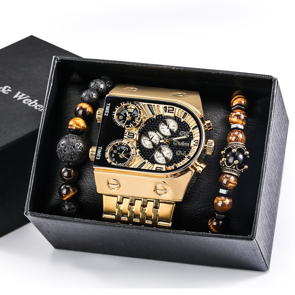 Relógio de ouro de luxo masculino calendário de aço completo relógio de pulso de quartzo com mostrador grande pulseiras conjunto de presente de Natal relógio masculino de luxo