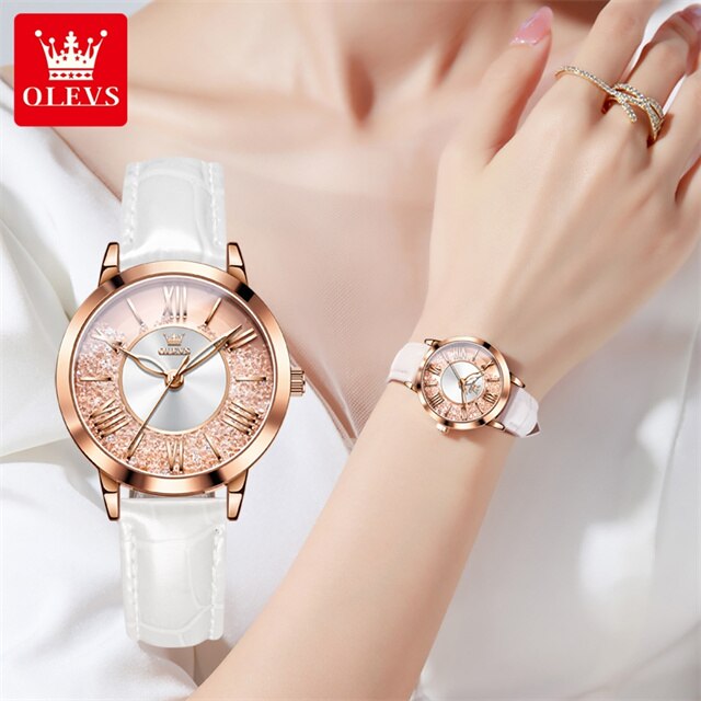 OLEVS Original New Women Quartz Watch Top Brand Leather Strap Elegant Fashion Quicksand Watch Female Girls Dress Wristwatch