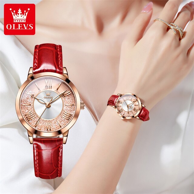 OLEVS Original New Women Quartz Watch Top Brand Leather Strap Elegant Fashion Quicksand Watch Female Girls Dress Wristwatch