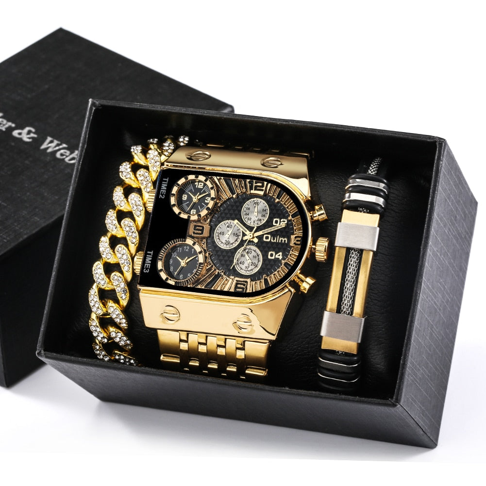 Relógio de ouro de luxo masculino calendário de aço completo relógio de pulso de quartzo com mostrador grande pulseiras conjunto de presente de Natal relógio masculino de luxo