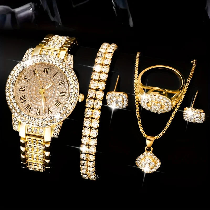 Conjunto de 6 Peças de Relógio de Luxo para Mulheres com Strass, Relógio de Quartzo de Moda Hiphop, Relógio Analógico e Conjunto de Joias, Presente para Mãe.