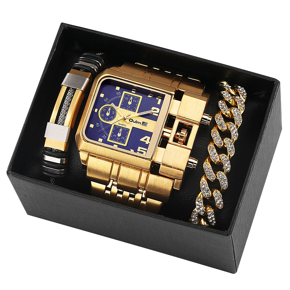 Relógio de ouro de luxo masculino calendário de aço completo relógio de pulso de quartzo com mostrador grande pulseiras conjunto de presente de Natal relógio masculino de luxo