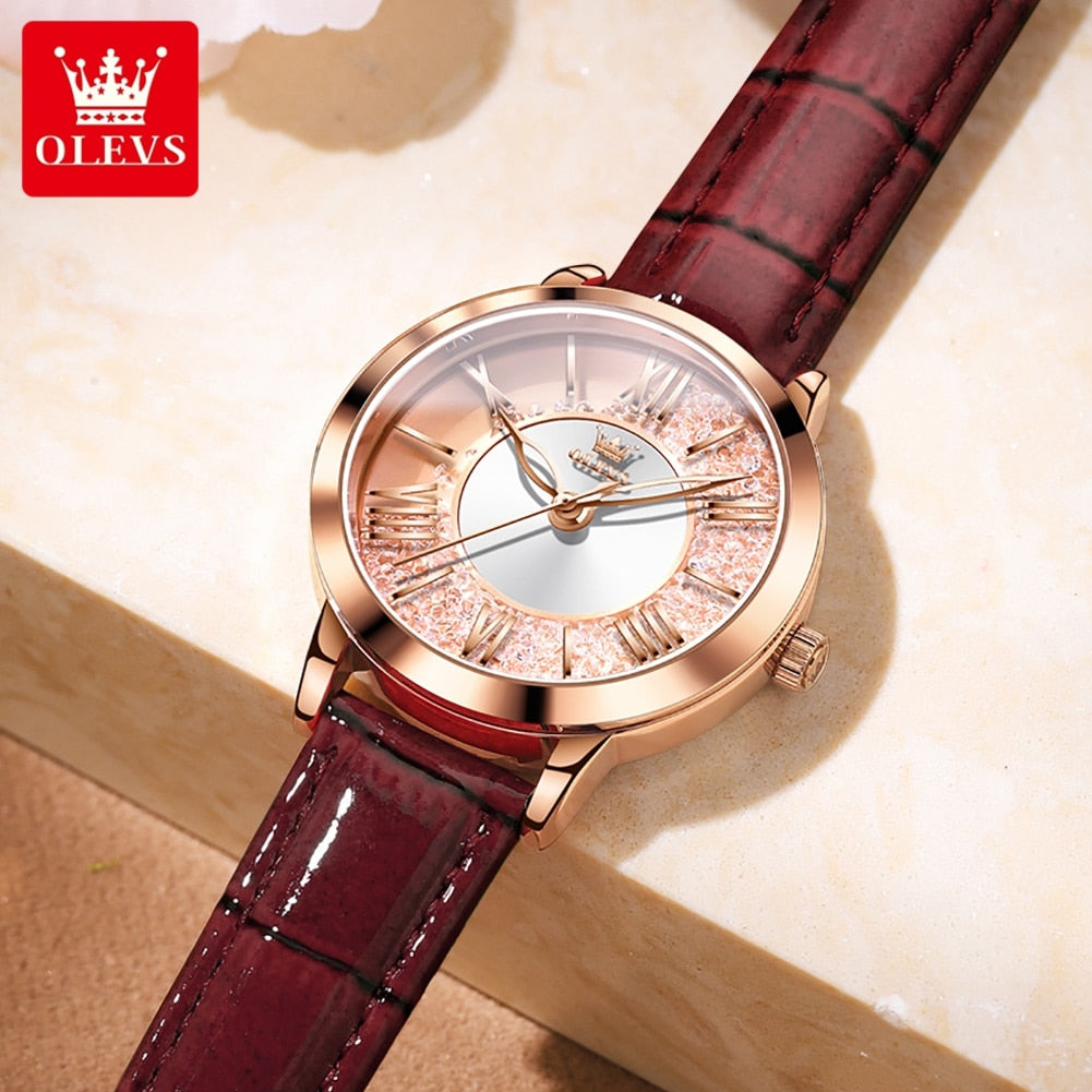 OLEVS Original New Women Quartz Watch Top Brand Leather Strap Elegant Fashion Quicksand Watch Female Girls Dress Wristwatch