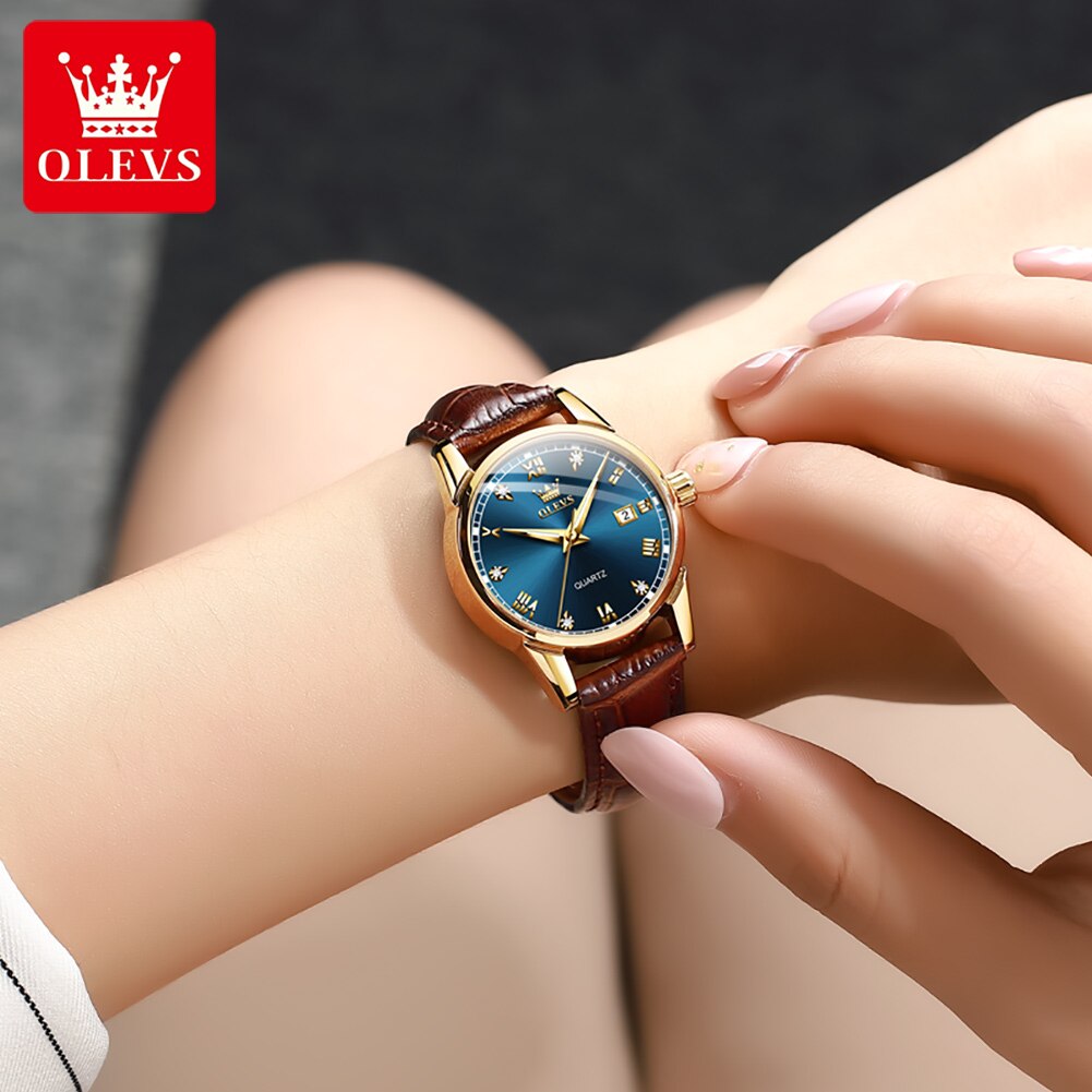 Olevs relógio de quartzo feminino pulseira de couro diamante à prova dwaterproof água luminosa data relógio de quartzo para mulheres esportes senhoras relógio 6896