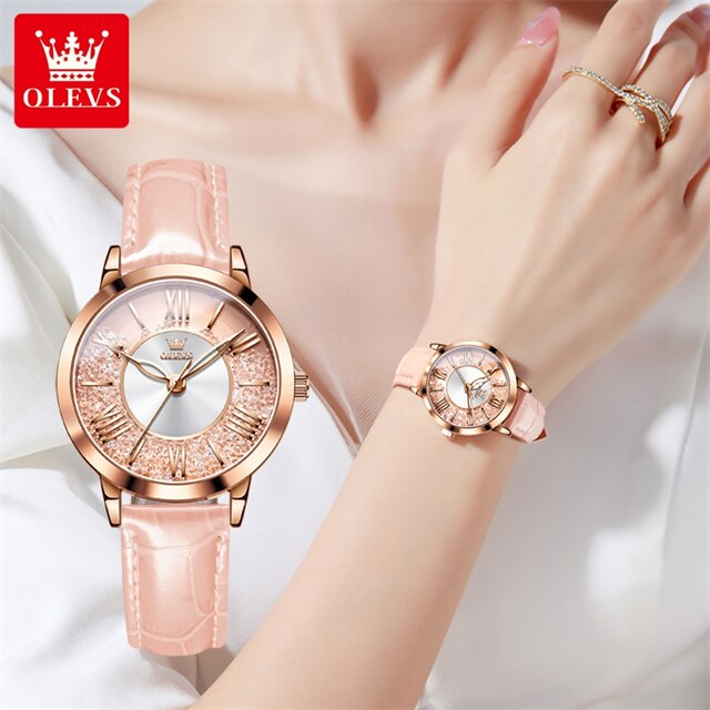 OLEVS Original New Women Quartz Watch Top Brand Leather Strap Elegant Fashion Quicksand Watch Female Girls Dress Wristwatch