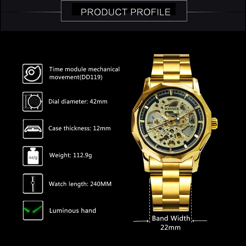 Relógio Automático Luxuoso WINNER com Esqueleto Dourado para Homens, Ponteiros Luminosos, Relógios Mecânicos Irregulares Royais com Pulseira de Aço Inoxidável