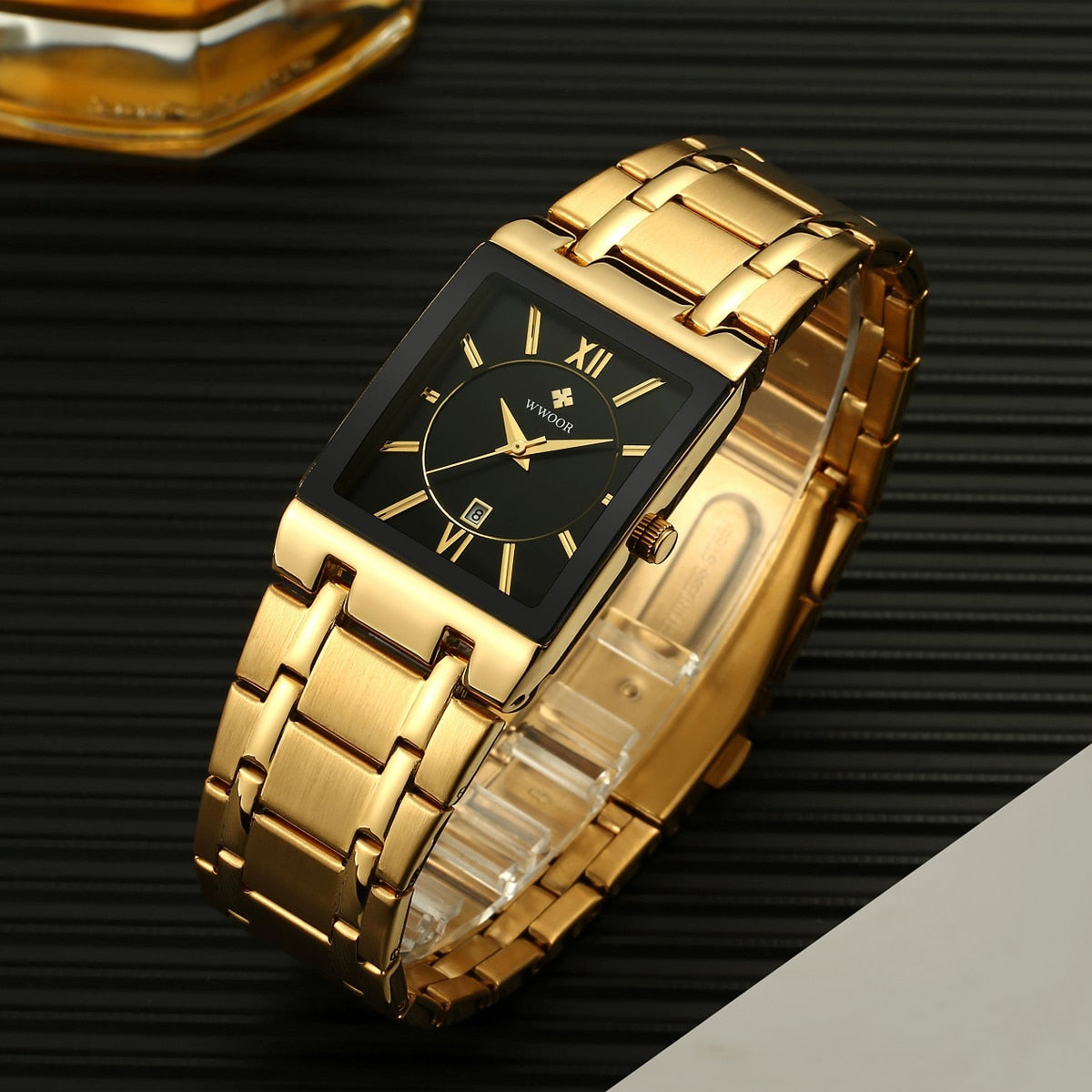 Relogio Masculino WWOOR Relógio de Ouro Masculino Quadrado Relógios Masculinos Marca Top Luxo Quartzo Dourado Aço Inoxidável Relógio de Pulso À Prova D' Água