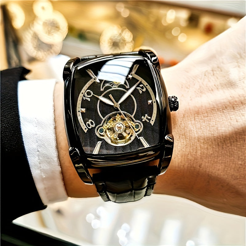 Relógio Mecânico Elegante para Homens - Luxuoso Tourbillon Dourado Rosé com Fase Lunar Azul, Resistente à Água até 30m, Pulseira de Couro Sintético, Design Hollow-Out Fashionável para Negócios e Esportes, Ideal para Uso Diário.