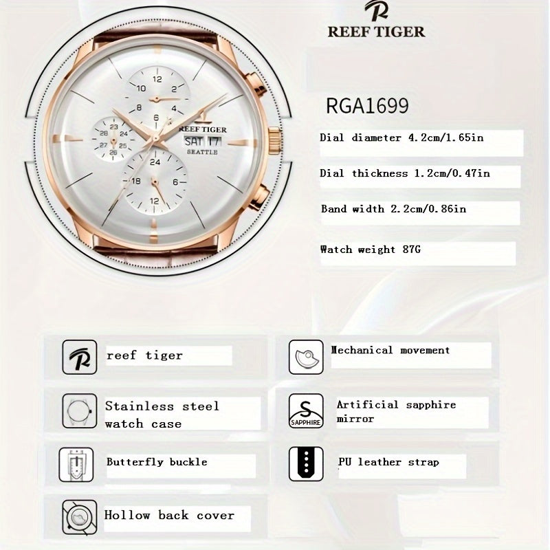 Relógio mecânico masculino estilo empresarial Reef Tiger, caixa de aço inoxidável, mostrador redondo, pulseira de couro sintético, com recurso de calendário, para presente de Ação de Graças e Natal, automático, vazado, relógio masculino