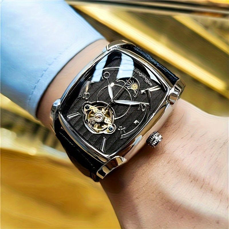 Relógio Mecânico Elegante para Homens - Luxuoso Tourbillon Dourado Rosé com Fase Lunar Azul, Resistente à Água até 30m, Pulseira de Couro Sintético, Design Hollow-Out Fashionável para Negócios e Esportes, Ideal para Uso Diário.