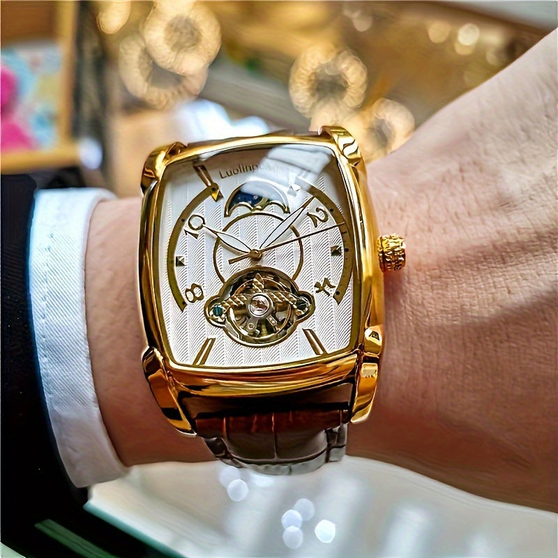 Relógio Mecânico Elegante para Homens - Luxuoso Tourbillon Dourado Rosé com Fase Lunar Azul, Resistente à Água até 30m, Pulseira de Couro Sintético, Design Hollow-Out Fashionável para Negócios e Esportes, Ideal para Uso Diário.