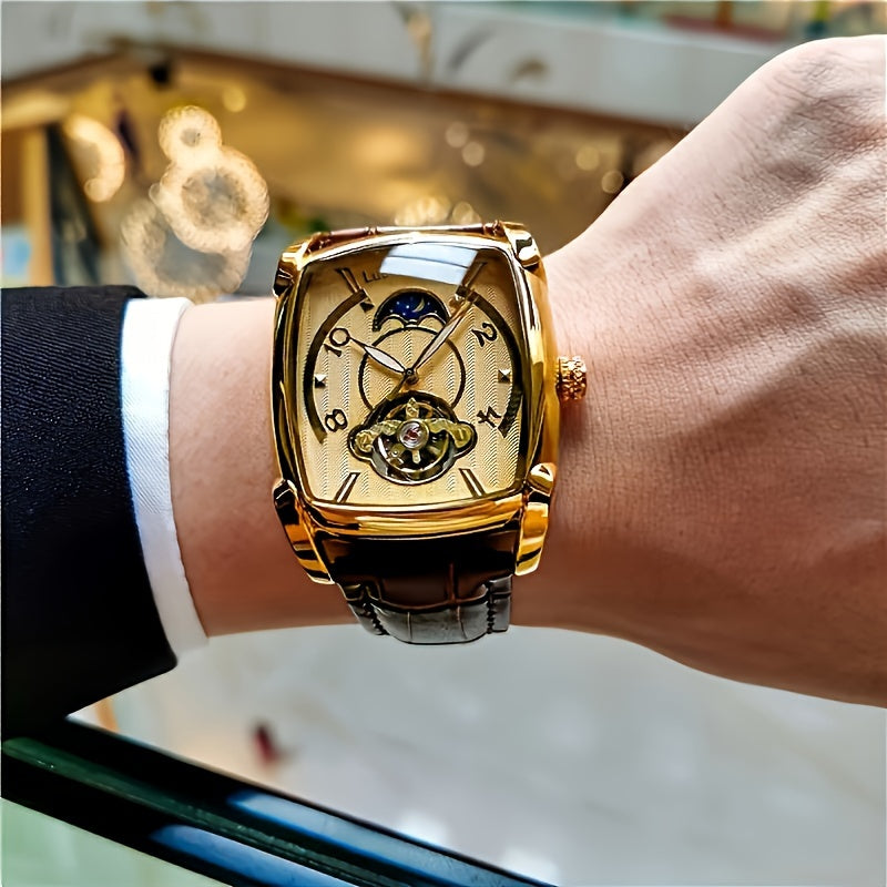 Relógio Mecânico Elegante para Homens - Luxuoso Tourbillon Dourado Rosé com Fase Lunar Azul, Resistente à Água até 30m, Pulseira de Couro Sintético, Design Hollow-Out Fashionável para Negócios e Esportes, Ideal para Uso Diário.