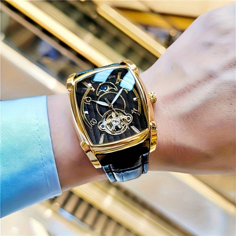 Relógio Mecânico Elegante para Homens - Luxuoso Tourbillon Dourado Rosé com Fase Lunar Azul, Resistente à Água até 30m, Pulseira de Couro Sintético, Design Hollow-Out Fashionável para Negócios e Esportes, Ideal para Uso Diário.