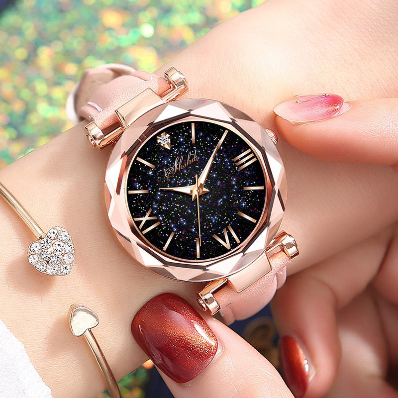 Relógio Feminino com Strass Romântico Céu Estrelado Relógio de Pulso Moda Feminina Relógio de Couro Relógio Feminino Relogio Feminino Montre Femme