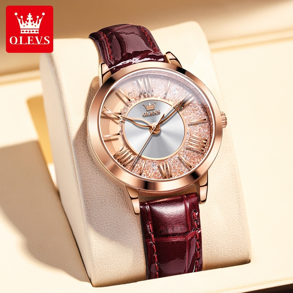 OLEVS Original New Women Quartz Watch Top Brand Leather Strap Elegant Fashion Quicksand Watch Female Girls Dress Wristwatch