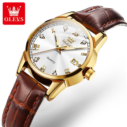 Olevs relógio de quartzo feminino pulseira de couro diamante à prova dwaterproof água luminosa data relógio de quartzo para mulheres esportes senhoras relógio 6896