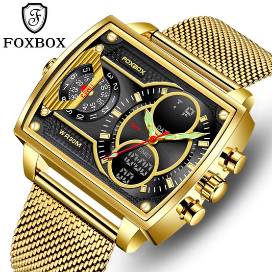 LIGE Top Brand Luxury Men Watch FOXBOX Fashion Square Watch Men Casual Sports Water Display Double Display Watch Relogio Masculino